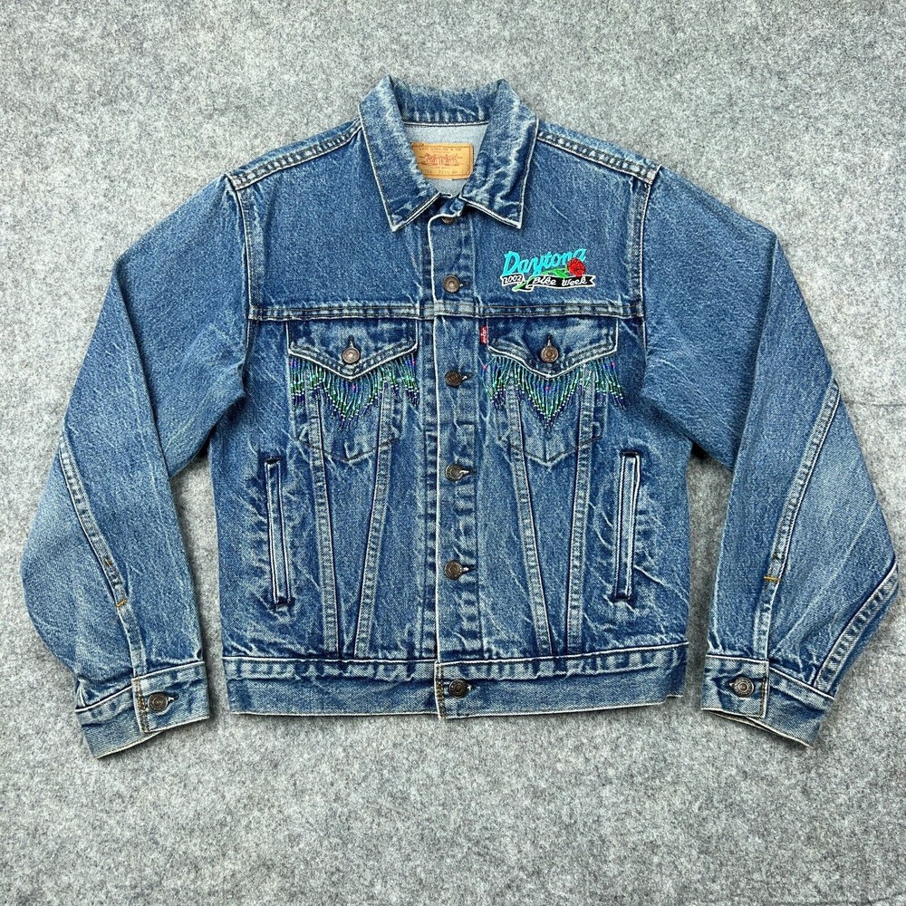 VTG Levi's Jacket Womens S 20 Daytona Bike Week Embroidered Beaded Denim Trucker